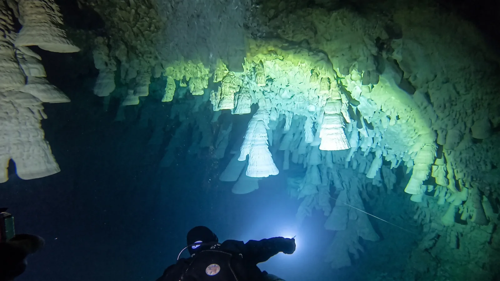 Diver lighting a ceiling full of Hell's Bells formations in Cenote Zapote