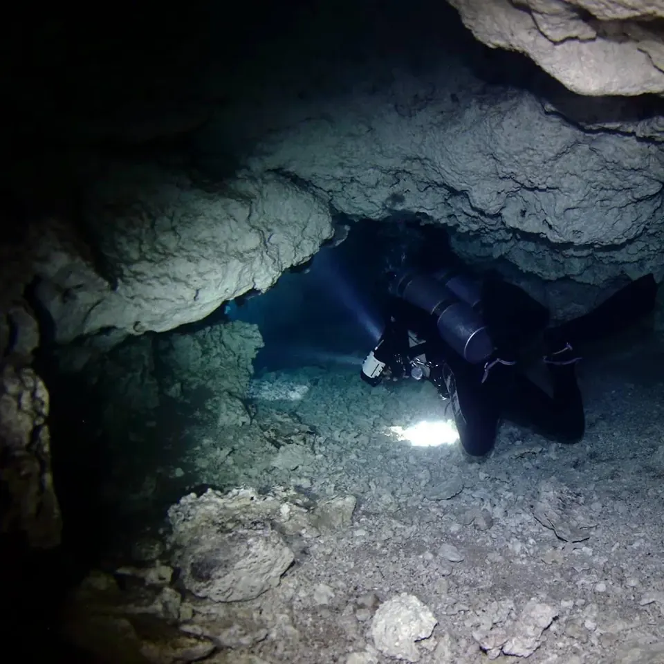 Diver silhouetted above the sulfur cloud of Cenote Angelita
